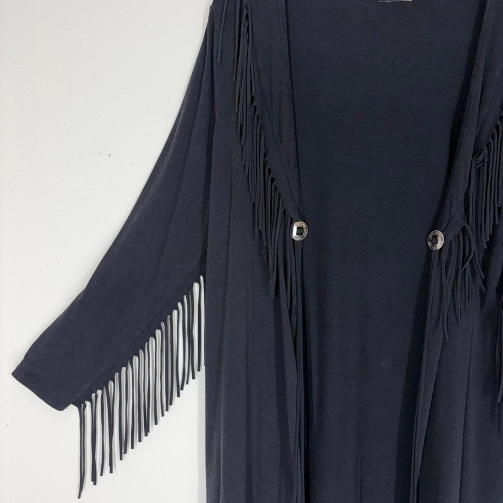 Women's Cardigan M Black Fringe Silver Concho Boho Longline Cowgirl Western Chic - Picture 4 of 9